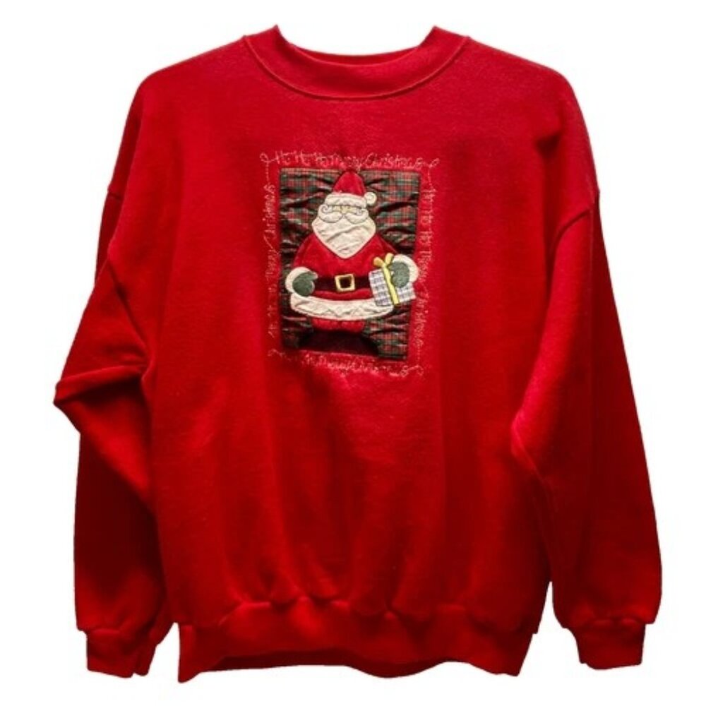 Vintage Tultex Merry Christmas Sweater Unisex Large Red Cotton 90's Santa Logo